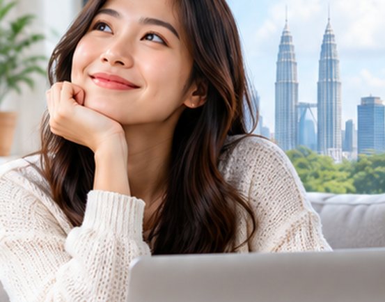 Woman dreaming about her next home, Kuala Lumpur skyline behind her